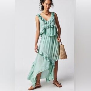 New Free People If Only Skirt Set Harbor Mint Rayon Gauze Biased Ruffle Sz M